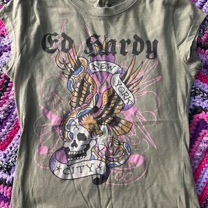 Ed Hardy Olive Tee with Skull and Wings